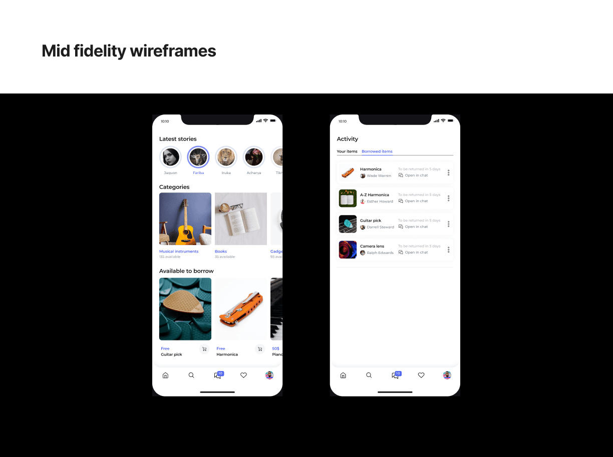PeerShare Mid-Fidelity mobile wireframes showing category browsing and loan activity