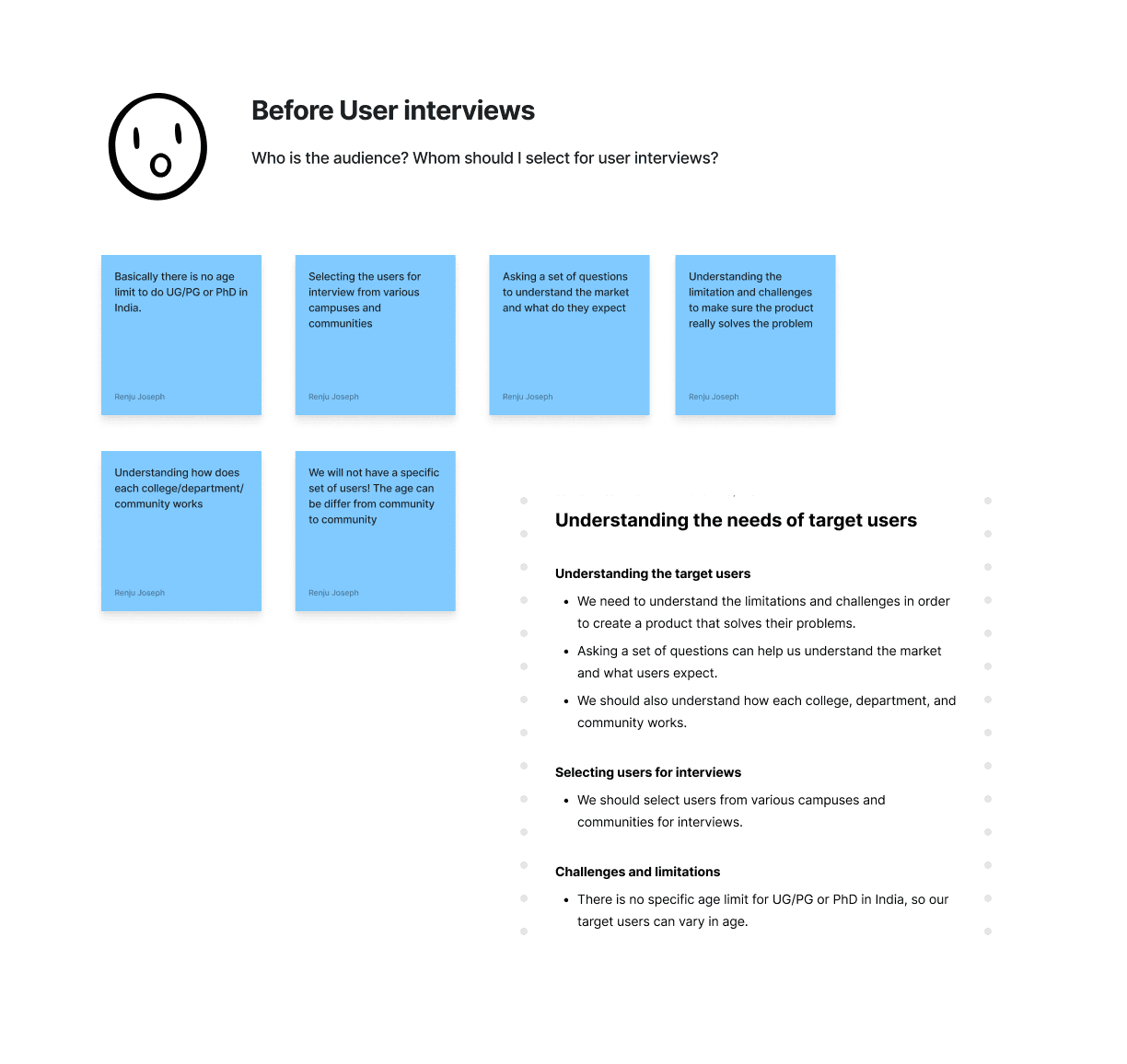 PeerShare User interview notes, questions matrix, and audience analysis