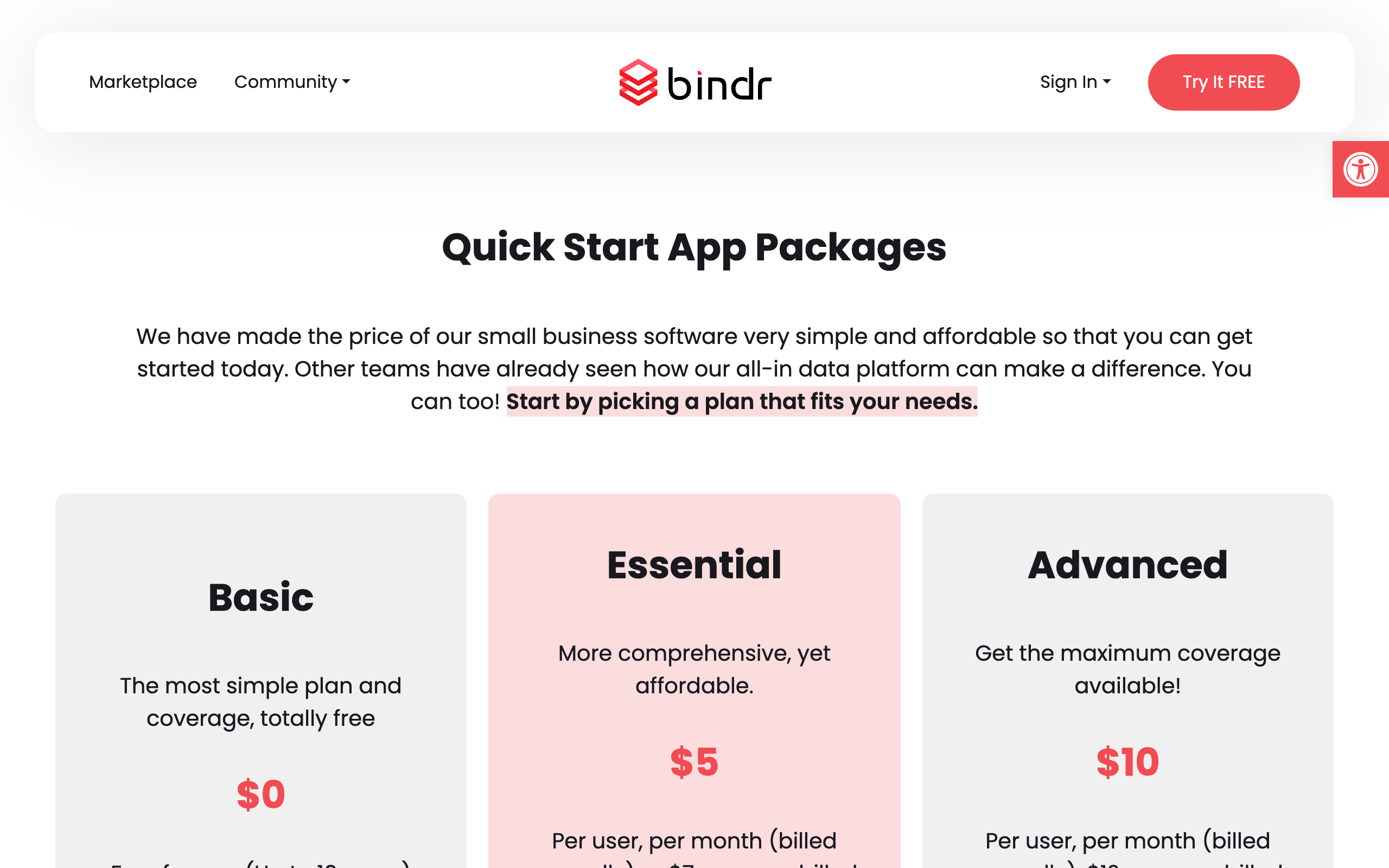 Pricing options presenting Basic, Essential, and Advanced tiers