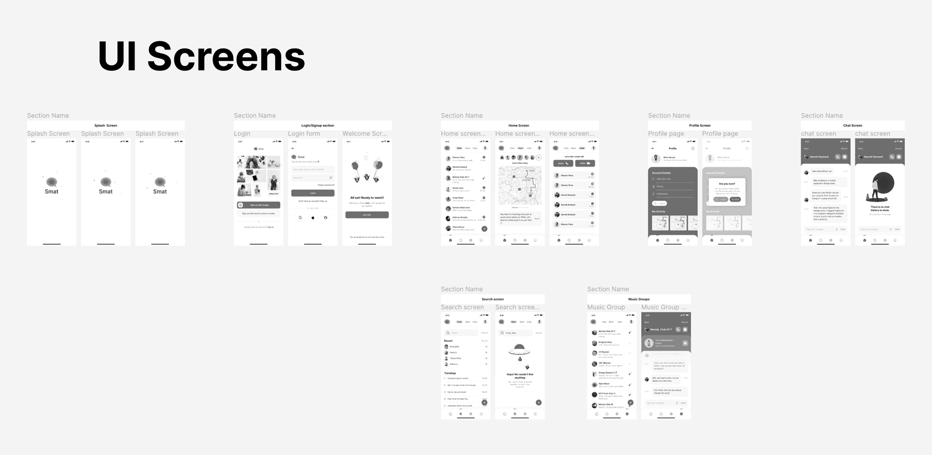 SMAT Wireframe user flows and low-fidelity screen exploration